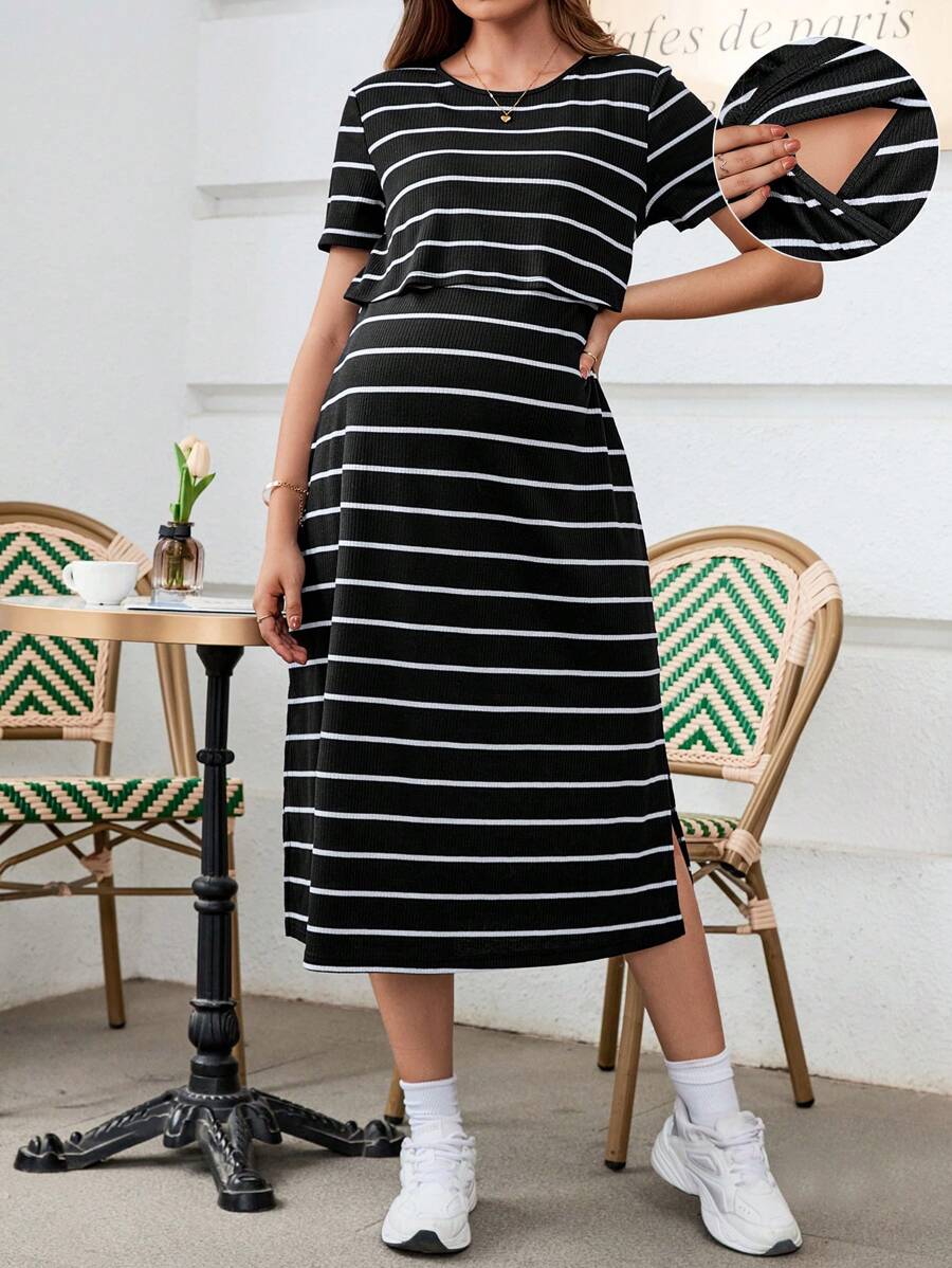SHEIN Maternity Striped Round Neck Short Sleeve Casual Breastfeeding Nursing Dress, Summer - Black - View 1