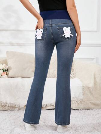 SHEIN Adjustable Waist Rabbit Sticker Decoration Flare Maternity Jeans For Casual And Versatile Look