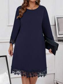 EMERY ROSE Vestido de otoño con encaje azul y empalme para mujer de talla grande - Azul - Ver 4