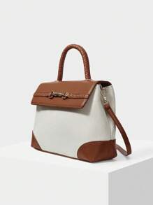 MOTF PREMIUM LADIES FASHION METAL BAMBOO ACCENT TWO TONE FLAP TOP HANDLE BAG, BAG FOR WOMEN ELEGANT, LUXURY - Brown - View 4
