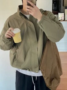 DAZY 男士休閒純色立領外套，秋季 - 卡其色 - 查看 4