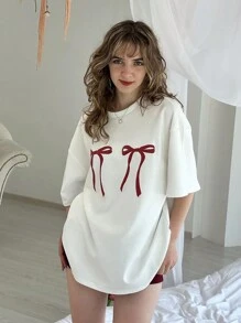 INAWLY Camiseta holgada y casual de verano para mujer, con estampado de lazo, cuello redondo y mangas de hombro caído, blusas gráficas para mujer