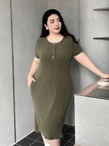SHEIN LUNE 大尺碼女裝簡約純色短袖日常裙 - 綠色 - 查看 4