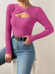 RosyDaze Solid Color Hollow-Out Twist Front Long Sleeve Sweater Pullover, Knit Pullover Fall Winter - Hot Pink - View 6