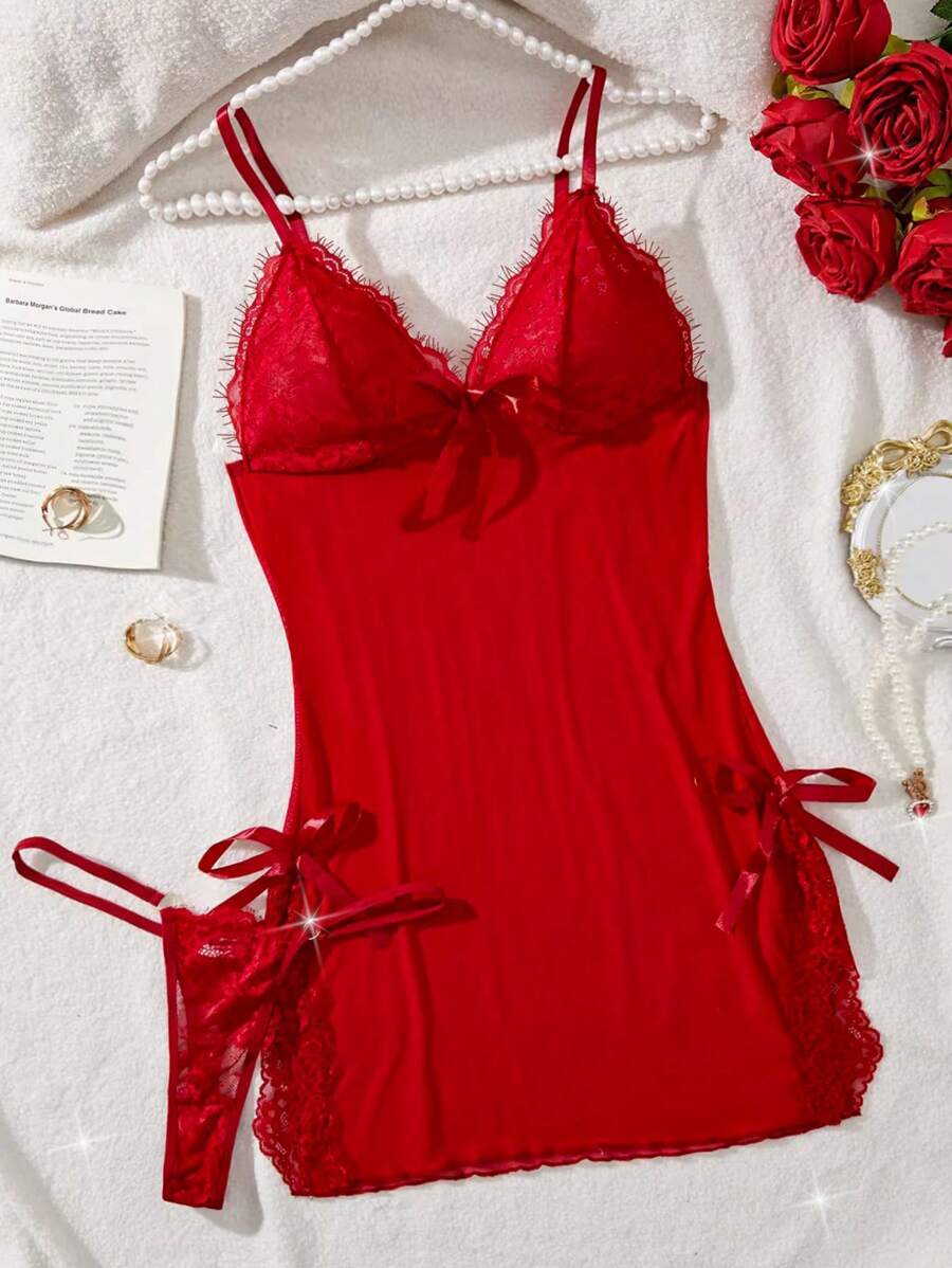 SHEIN 2 件套女士性感蕾丝撞色网眼无线内衣睡裙和丁字裤 - 酒紅色 - 查看 1