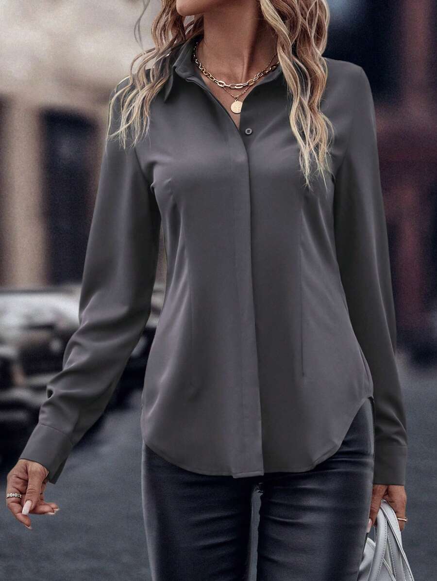 EMERY ROSE Casual Solid Color Long Sleeve Shirt For Spring And Autumn Fall Cloth For Women - Dark Grey - View 1
