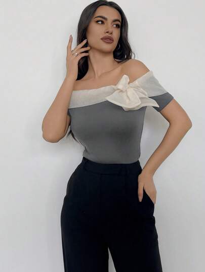 SHEIN Privé 大尺碼露肩蝴蝶結對比網眼女士短袖緊身T恤，夏季Color Blocking款式