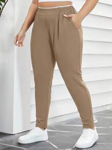 SHEIN Essnce Plus Size Women's Solid Color Simple Daily Pants - Khaki - View 1