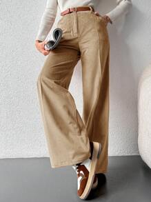 EURMUSE 女款燈芯絨闊腿長褲(不含腰帶) - 駝色 - 查看 4