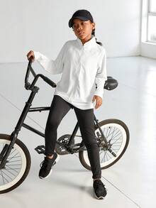 SHEIN Áo lưới thoáng khí cho bé gái tuổi teen, Yoga ngoài trời, Thể dục, Chạy bộ và Đạp xe, Thoải mái, Thân thiện với da, Áo khoác cổ đứng, Áo khoác tập luyện thể thao thể thao - trắng - Xem 4