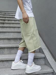 Manfinity Roghcode 男士时尚宽腿牛仔短裤，带磨边设计，外出纯色 Jorts 薄荷绿色超大牛仔短裤，适合丈夫、男朋友的礼物