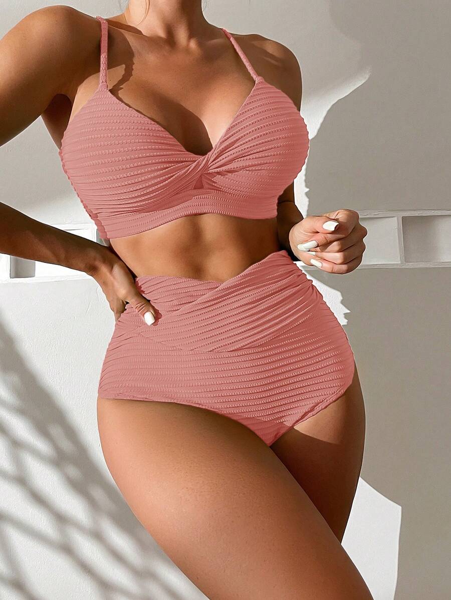 SHEIN Swim Bộ bikini gợi cảm đi biển mùa hè dành cho nữ màu trơn xoắn phía trước - Màu Hồng  San hô - Xem 1