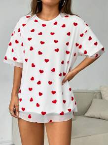 Comfortcana Women's Summer Heart Printed Round Neck Drop Shoulder Loose Casual T-Shirt - Red and White - View 6