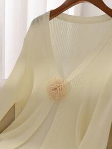 SHEIN Essnce Plus Size Women's Summer And Autumn New Style Fashionable Casual Commuting Elegant Fall Tops Fall Women Outfits Back To School Going Out Tops Fall Women Outfits First Day Of School Versatile Three-Dimensional Flower Apricot Outer See-Through Long-Sleeved Thin Knit Sweater Fall Sweaters Cardigan