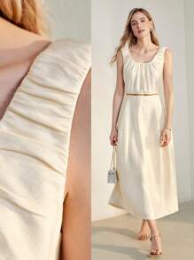 MOTF PREMIUM 實色褶皺設計無背心裙 - 杏色 - 查看 9