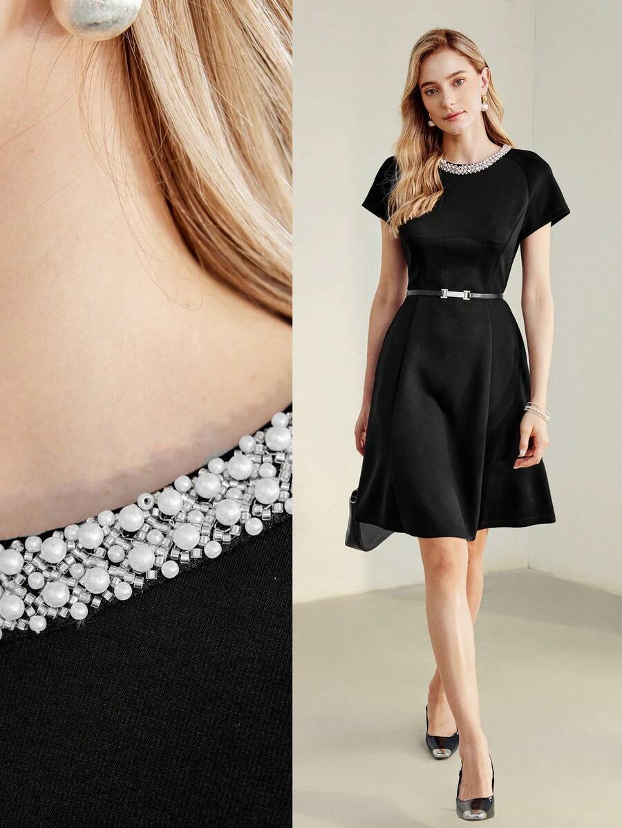 MOTF PREMIUM FAUX PEARL BEADED FOLD PLEATED FITTED WAIST DRESS