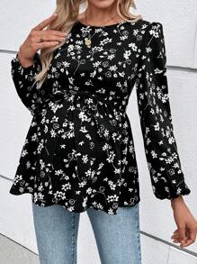 SHEIN 孕妇休闲圆领灯笼袖衬衫 - 黑色 - 查看 3