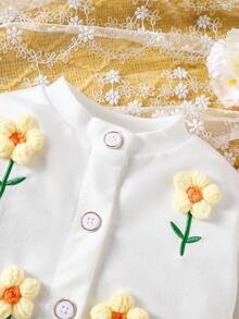 嬰兒女孩花卉裝飾前扣圓領長袖上衣+純色褶裥裙套裝 - 黃色 - 查看 4