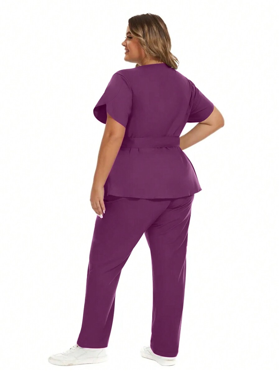 Plus Size Zipper Front Top With Belt & Elastic Waist Pants With Pockets
