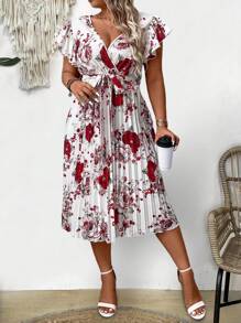 SHEIN Clasi Gaun Kasual Musim Panas Ukuran Besar dengan Motif Bunga, Hem Bergelombang, dan Hiasan Rumbai - Red and White - View 6