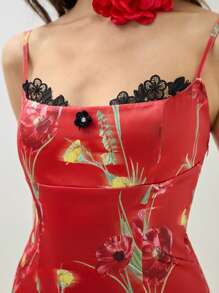 COSMINA Women's Floral Printed Splicing Lace Trimmed Cami Dress