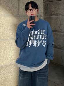 DAZY Pull à manches longues à la mode pour homme avec impression de lettres et détails vieillis pour l'automne - bleu indigo - Voir 6