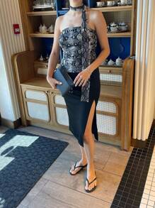 INAWLY Atasan Tanpa Lengan Model Halter Neck Berlipit dengan Motif Kulit Ular untuk Wanita di Musim Panas, Potongan Slim Fit - Dark Grey - View 5