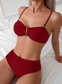 SHEIN Swim Women's Solid Color Ruffle Sexy Bikini Set, Summer Beach Swimwear, Red Bathing Suit - Burgundy - View 1