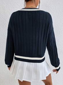 EMERY ROSE Spring And Autumn Casual Contrast Striped V-Neck Sweater,Long Sleeve Tops, Knit Pullover Fall Winter - Navy Blue - View 2