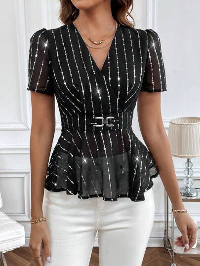 SHEIN Clasi "Blusa de moda con estampado a rayas y mangas infladas de peplum"