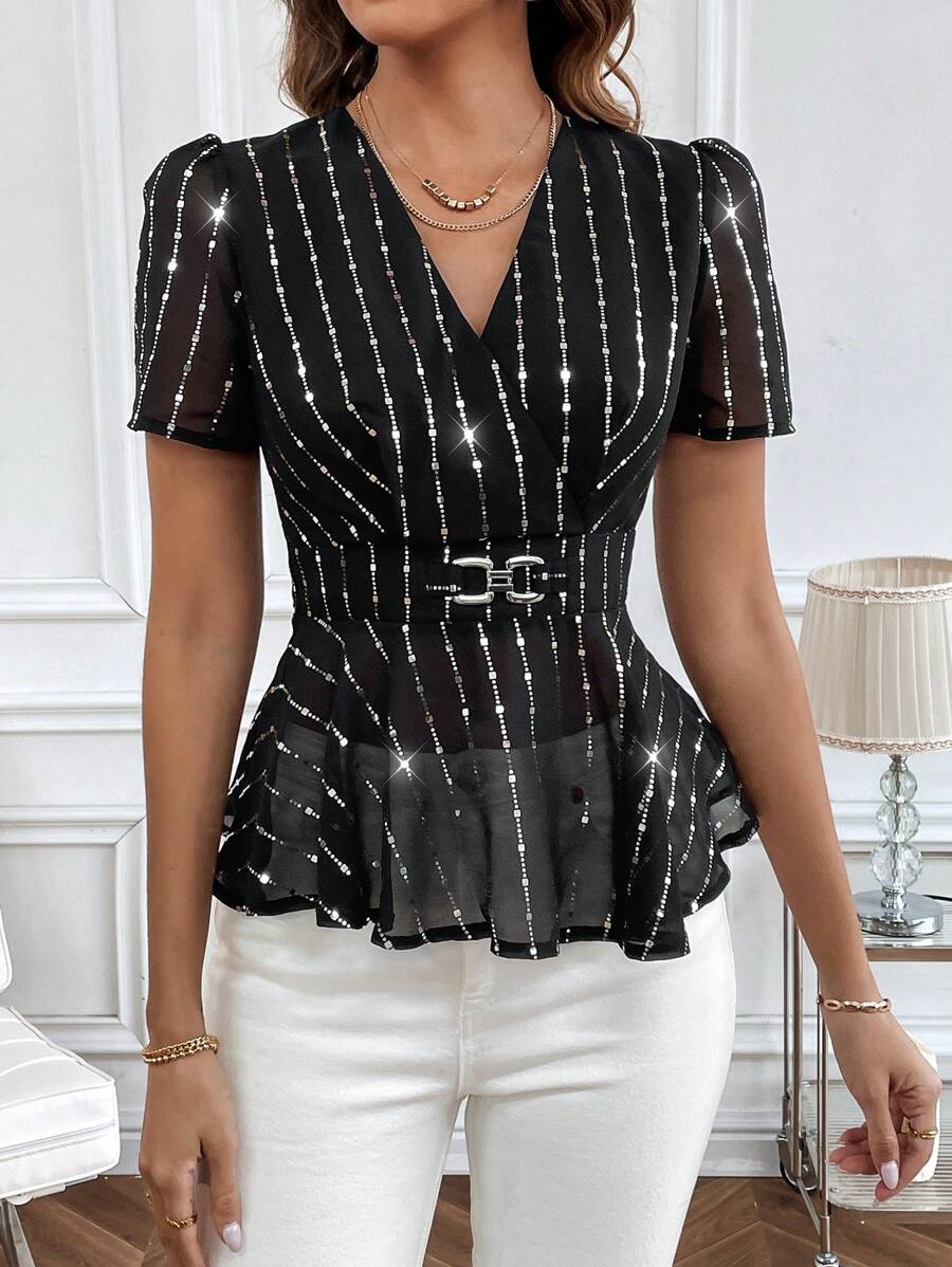 SHEIN Clasi Plus Striped  Elegant Puff Sleeve Peplum Blouse For Prom And Business - Black - View 1