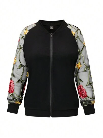 SHEIN LUNE Plus Size Women's Floral Embroidery Decoration Simple Daily Jacket