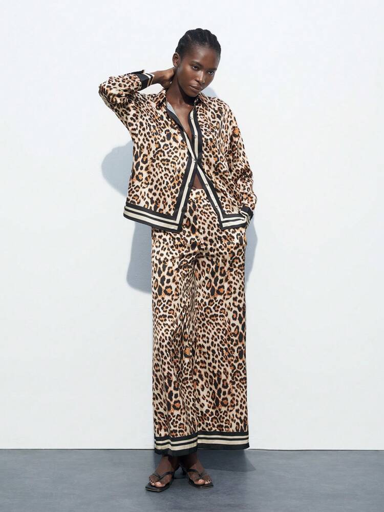 SHEIN Maija Women's Multi-Color Animal Print Button Front Casual Modern Shirt, Leopard And Striped Pattern, Long Sleeve, Leisure Urban Chic