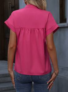 SHEIN LUNE Summer Casual Solid Color Pintucked Batwing Sleeve Shirt - Hot Pink - View 2