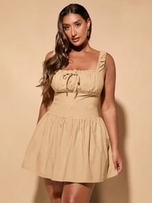 SHEIN BAE 大码女式纯色甜美吊带夏季度假时尚街头约会短款连衣裙 - 卡其色 - 查看 3