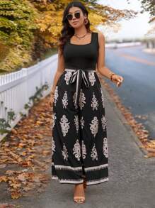 SHEIN VCAY Mono de parchwork tejido con estampado de reunión de hermanas de regreso a la escuela para otoño/invierno de talla grande - Multicolor - Ver 3