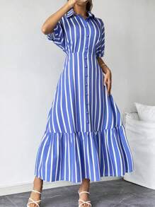 SHEIN Privé Blauw-wit gestreepte lange damesjurk met ruches aan de mouwen