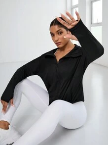 Easithlete 女士純色拉鍊連帽長袖日常健身運動外套 - 黑色 - 查看 7