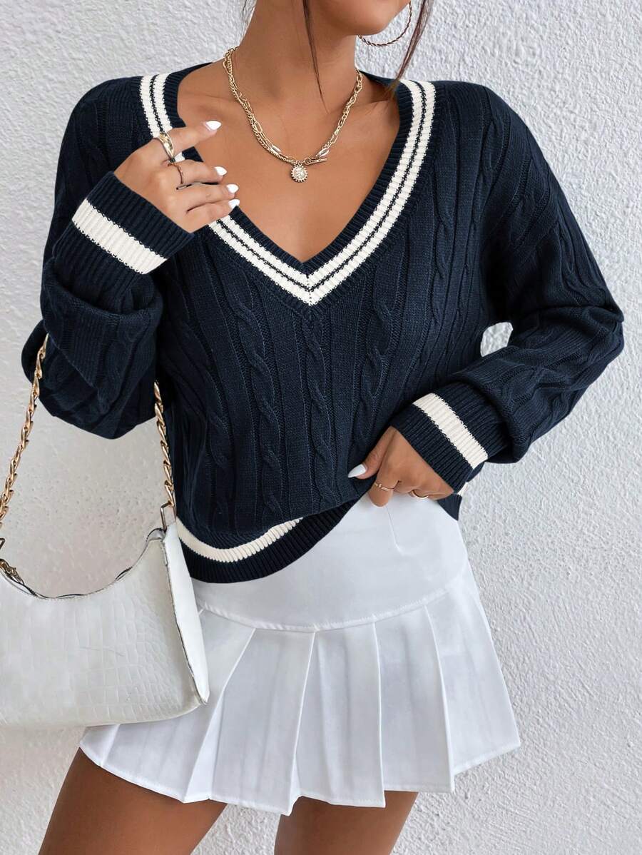 EMERY ROSE Spring And Autumn Casual Contrast Striped V-Neck Sweater,Long Sleeve Tops, Knit Pullover Fall Winter - Navy Blue - View 1
