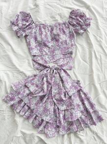 Soleia 女士复古紫色碎花泡泡袖后系蝴蝶结短款上衣和裙子套装，派对/度假休闲装 - 彩色 - 查看 2