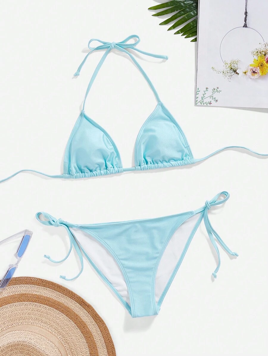 Swim Mod Conjunto de bikini de dos piezas sexy con tiras halter y nudo en la espalda para el top del conjunto de bikini y nudo lateral para el bottom del conjunto de bikini, ideal para playa de verano