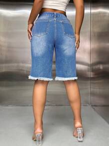 SHEIN SXY Bermudas casuales de mezclilla para mujer con dobladillo deshilachado y bolsillos