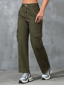 SHEIN EZwear 女裝鬆身休閒牛仔褲，直筒帶口袋，工裝風格 - 軍綠色 - 查看 3
