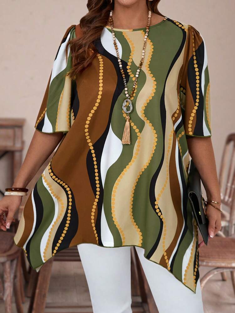 Plus Size Women's Random Printed Round Neck Blouse For Summer,Vacation/Spring