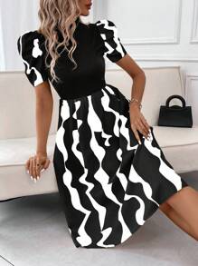 SHEIN Clasi Women's Yin Yang Geometric Print Patchwork Short Sleeve Dress - Black and White - View 3