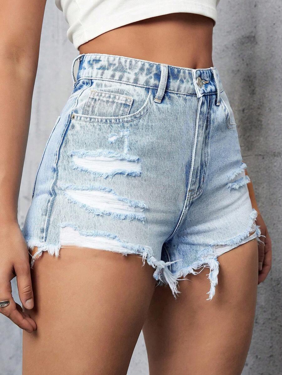 SHEIN Privé Distressed Slim-Fit Denim Shorts