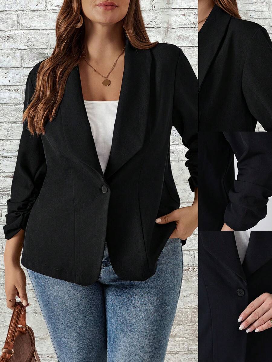 EMERY ROSE Plus Shawl Collar Open Front Blazer - Blue - View 1