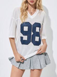 Flirla Dames Oversized Mesh Baseball Jersey Tee Shir Met Letter Print Grafische Tees Dames Tops - Donker blauw - Bekijken 3
