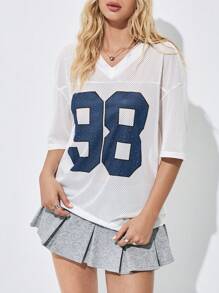 Flirla Dames Oversized Mesh Baseball Jersey Tee Shir Met Letter Print Grafische Tees Dames Tops - Donker blauw - Bekijken 6