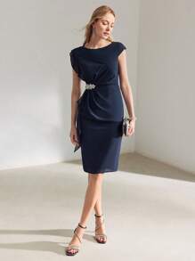MOTF PREMIUM SOLID COLOR OPEN SHOULDER BODYCON DRESS IS DESIGNED WITH FASHIONABLE AND STYLE FOR TWEEN GIRLS. UNIQUE OPEN SHOULDER STRAP DESIGN HIGHLIGHTS THE ELEGANT CHARM OF TWEEN GIRLS. - Navy Blue - View 6